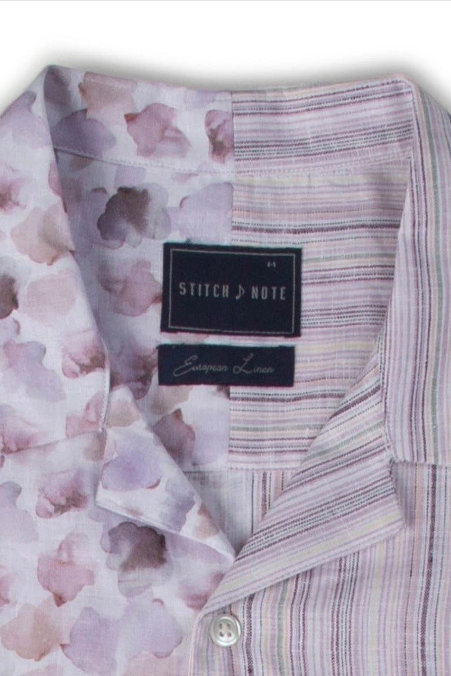 Brand Partner,Stitch Note, Stitch Note Violet Half Watercolor Print Half Vertical Stripe European Linen Split Body Shirt, Purple, Medium-42-TagM