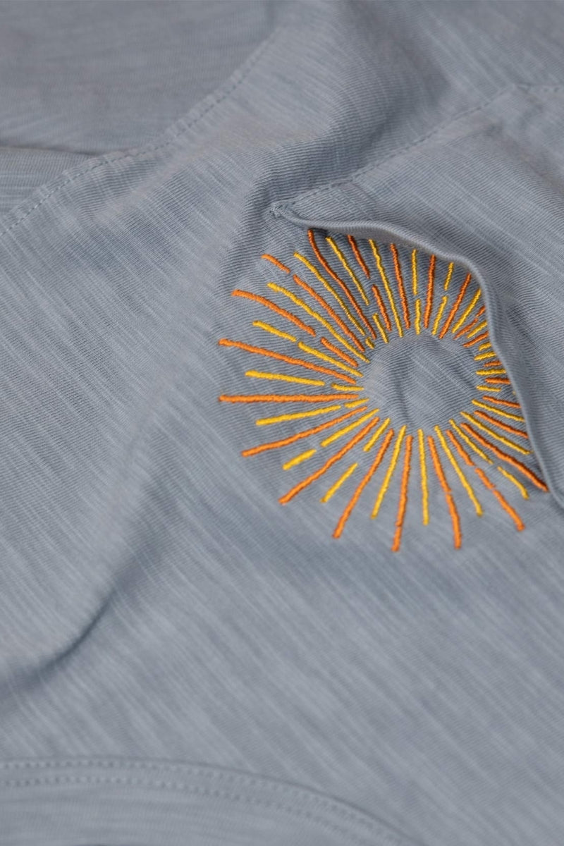 Wholesale,Baja Llama, Baja Llama Dusty Blue Sun Embroidered Slub Pima Tee, Blue, Medium-42-TagMLarge-45-TagLExtra Large-48-TagXLSmall-39-TagS