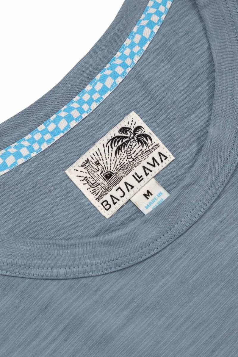 Wholesale,Baja Llama, Baja Llama Dusty Blue Sun Embroidered Slub Pima Tee, Blue, Medium-42-TagMLarge-45-TagLExtra Large-48-TagXLSmall-39-TagS