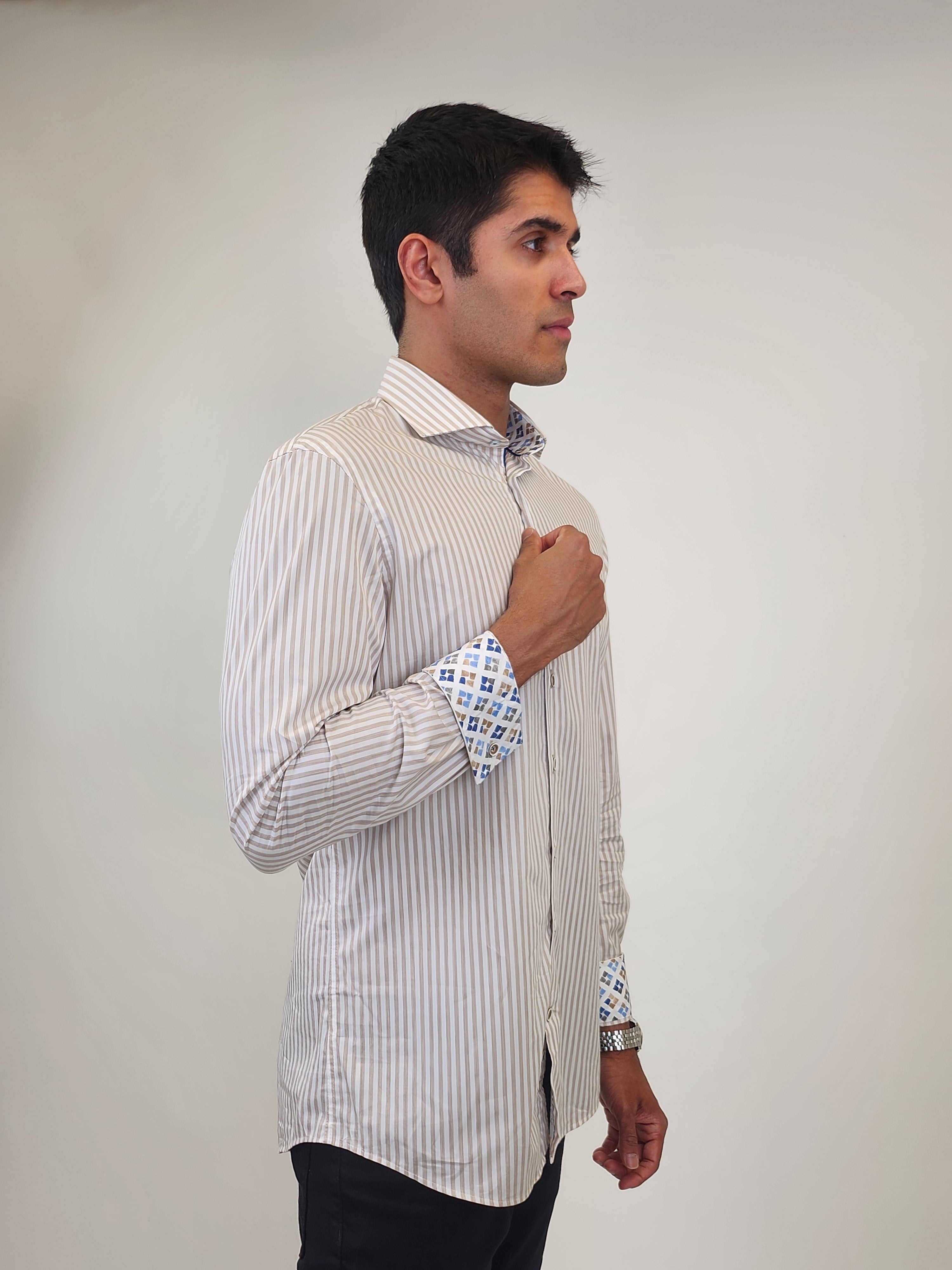Brand Partner,R2 Amsterdam, R2 Amsterdam Beige Striped Shirt with Cup Print Contrast, Tan, Medium-42-Tag40