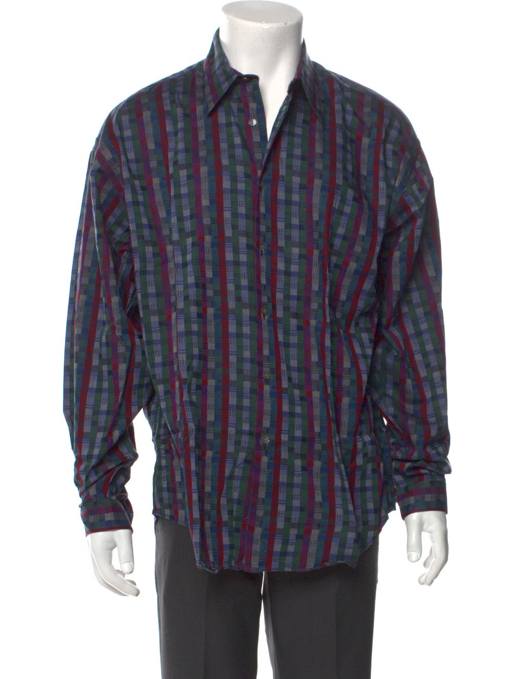 RealReal,Bergdorf Goodman, Bergdorf Goodman Purple/Green Plaid Print Long Sleeve Dress Shirt with One-Button Mitered Cuffs, Purple, Extra Large-50-TagL
