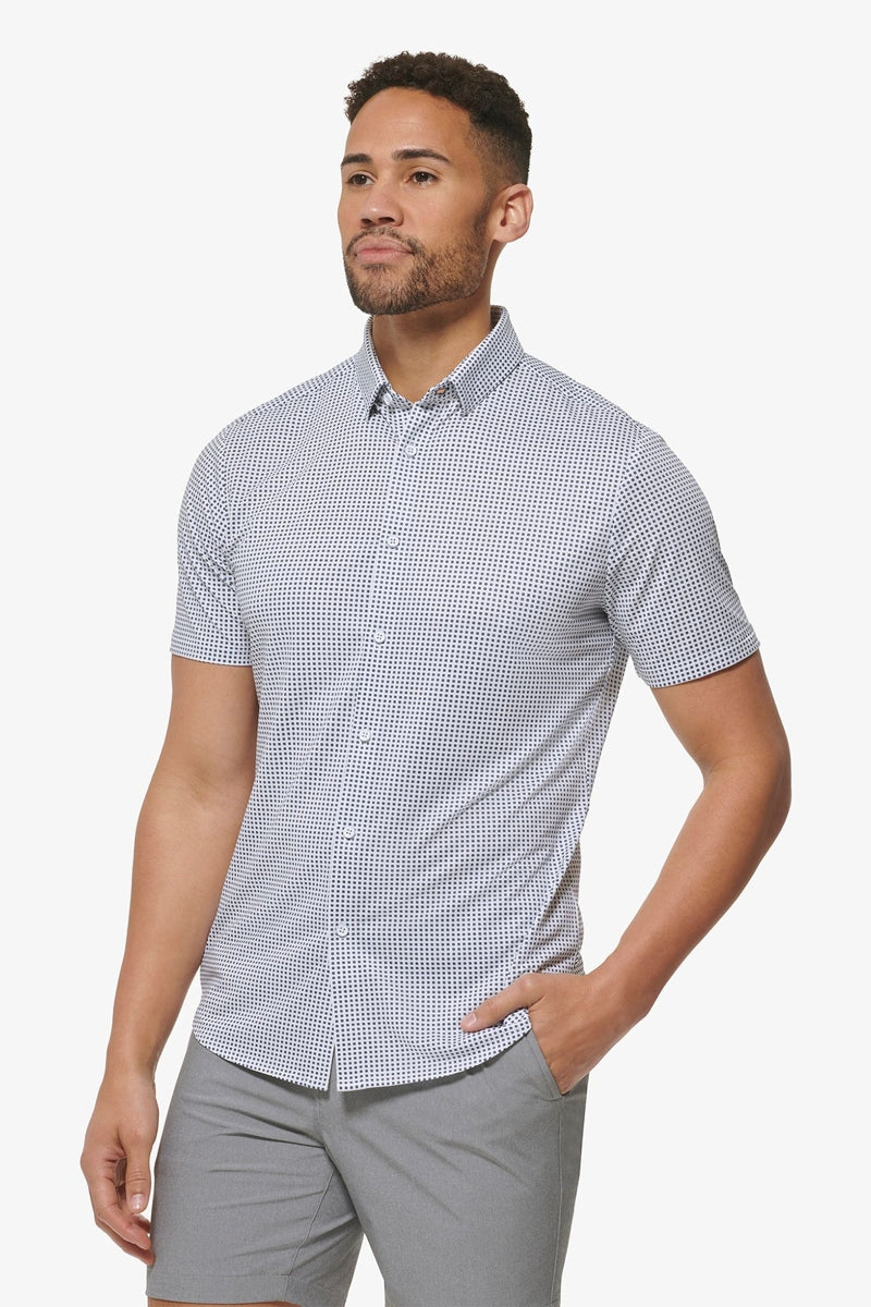 Wholesale,Mizzen + Main, Mizzen + Main Blue Geo Twill Print No-Tuck Trim Shirt, Blue, Medium-43-TagMLarge-46-TagLExtra Large-49-TagXLExtra Extra Large-52-TagXXLSmall-41-TagS