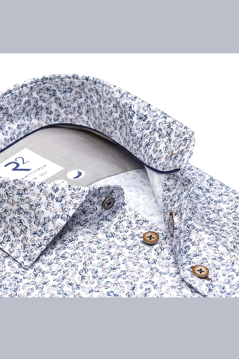 Direct From Brand,R2 Amsterdam, R2 Amsterdam Blue Motorcycle Print Cotton Shirt, Blue, Small-41-Tag39