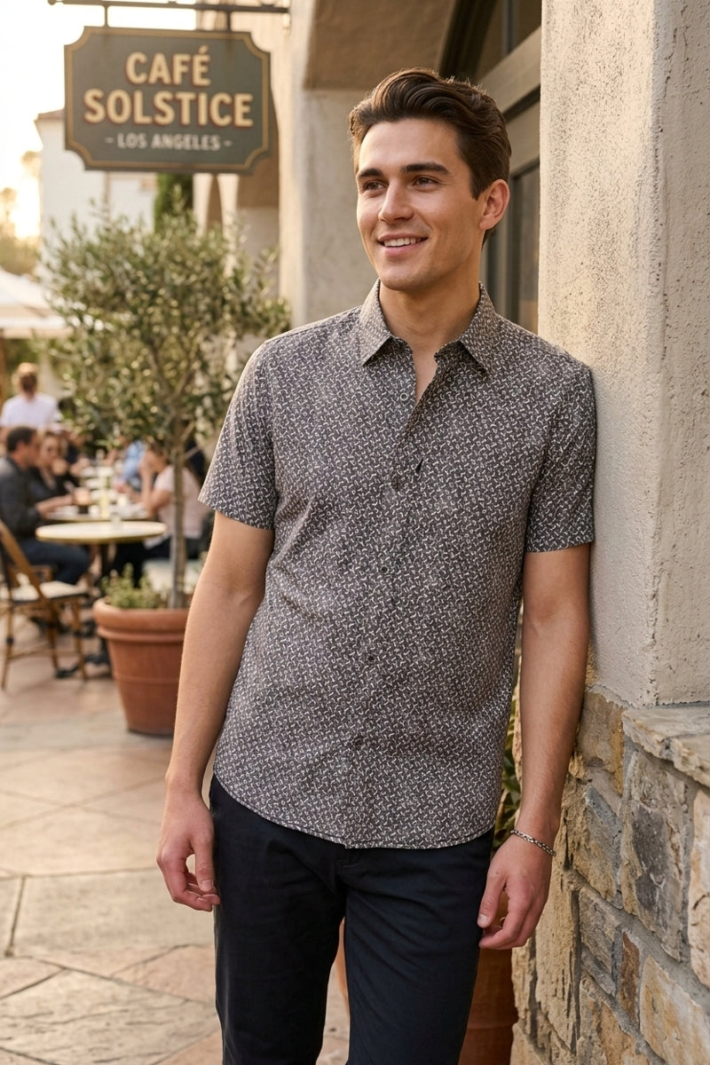 Wholesale,Projek Raw, Projek Raw Brown Abstract Print 4 Way Stretch Short Sleeve Button Up Shirt, Brown, Medium-43-TagM
