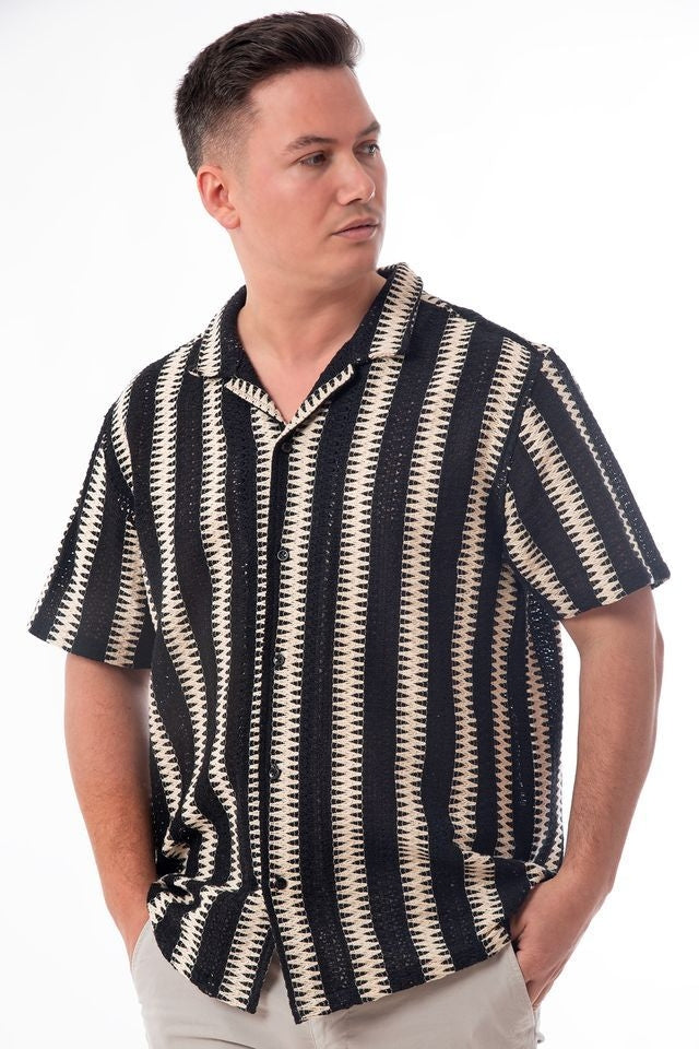 Wholesale,NOLS, NOLS Black with Beige Stripe Textured Weave Shirt, Black, Extra Large-51-TagXL