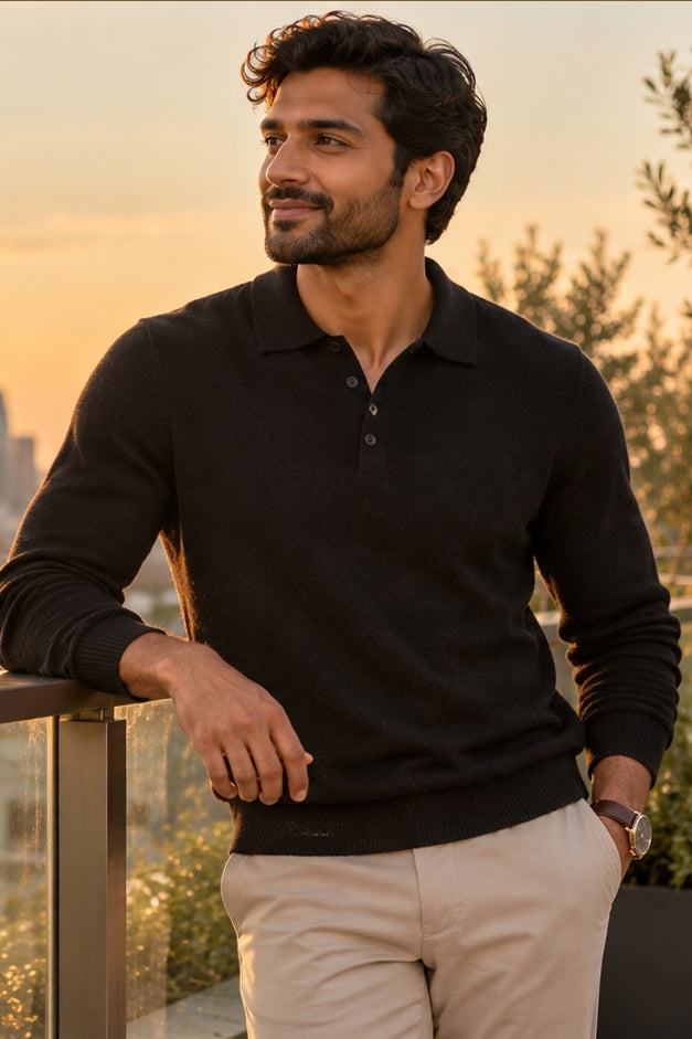 Wholesale,Casual Friday, Casual Friday Black Wool Blend Knit Polo, Black, Small-40-TagSMedium-42-TagMExtra Large-47-TagXLExtra Extra Large-49-TagXXL