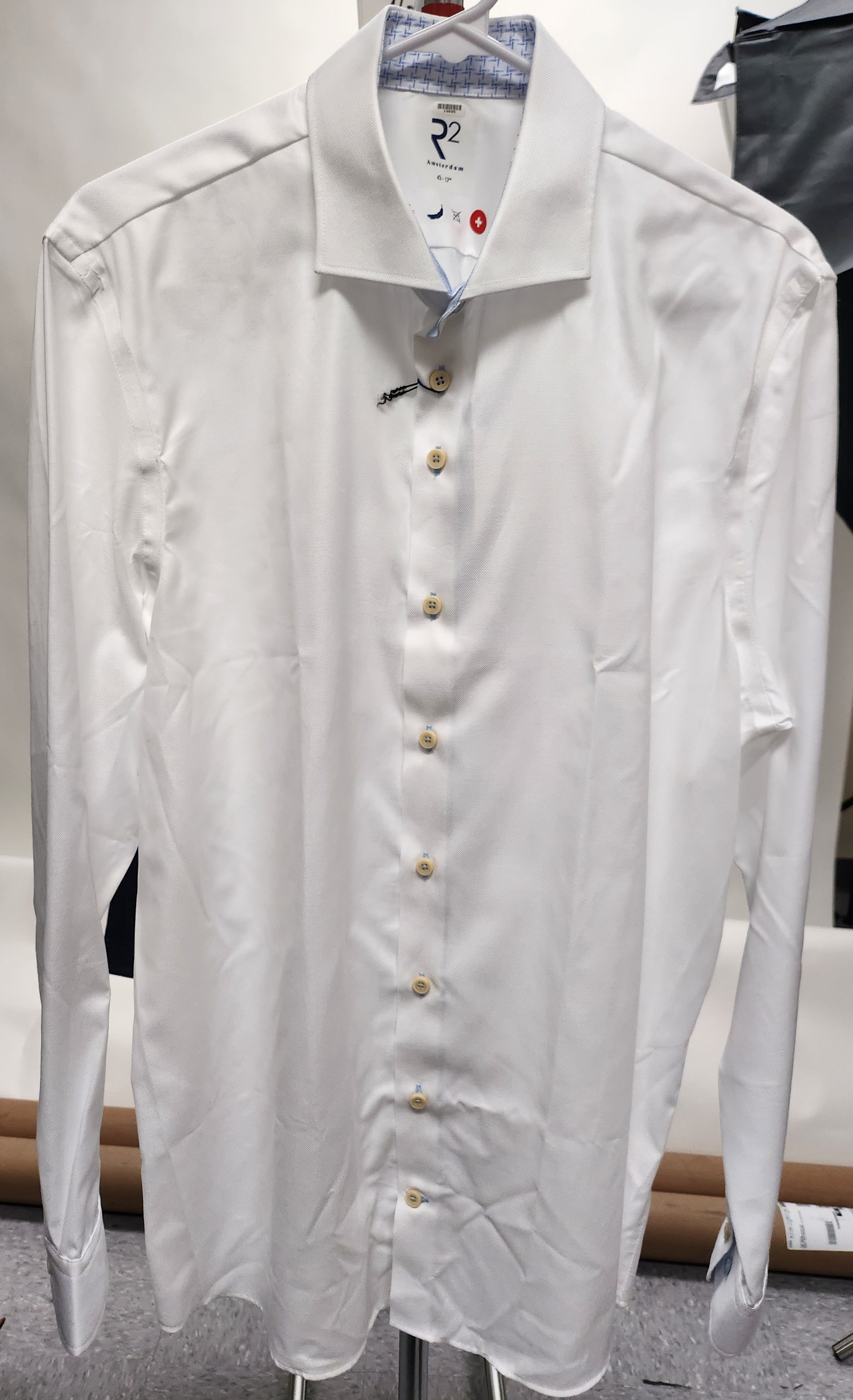 Brand Partner,R2 Amsterdam, R2 Amsterdam White Long Sleeve Button Up Shirt with Line Print Contrast, White, Large-47-Tag43