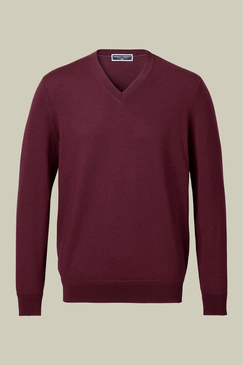 Wholesale,Charles Tyrwhitt, Charles Tyrwhitt Burgundy Pure Merino Wool V-Neck Sweater, Red, Extra Large-48-TagXL