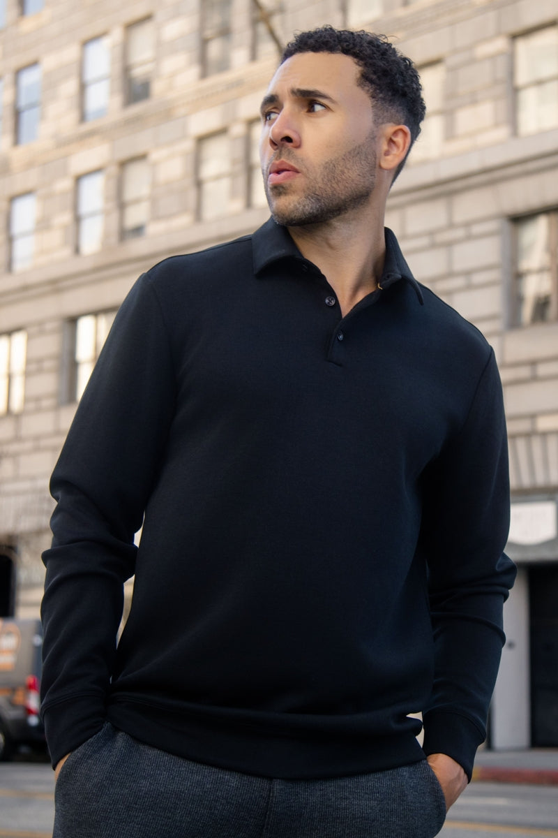 Wholesale,Mason Cruz, Mason Cruz Black Solid Performance Long Sleeve Polo, Black, Small-42-TagSMedium-44-TagMLarge-46-TagLExtra Large-48-TagXLExtra Extra Large-50-TagXXL