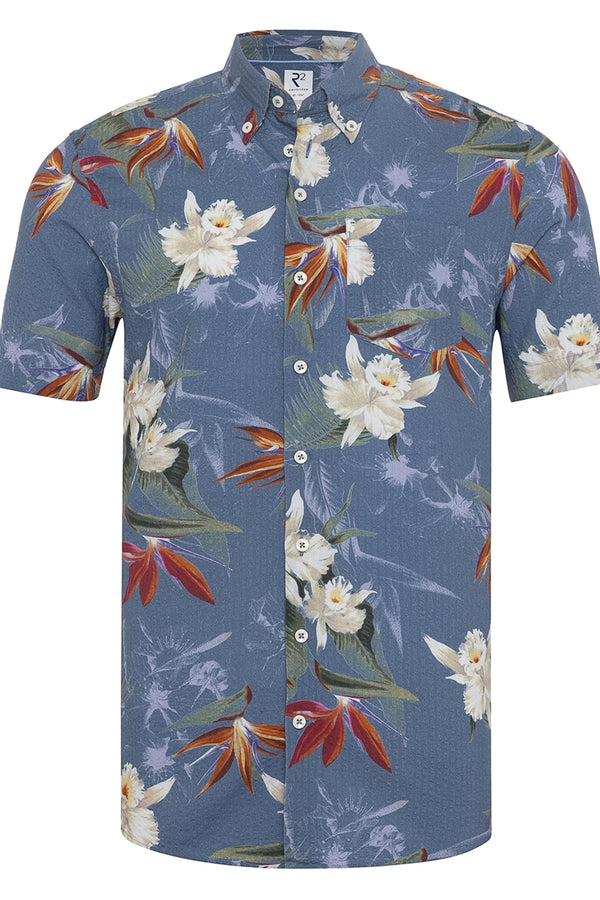 R2 Amsterdam Multicolor Floral Print Seersucker Short Sleeve Button Up Shirt