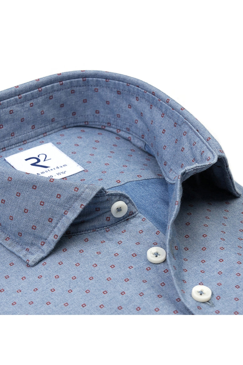 Direct From Brand,R2 Amsterdam, R2 Amsterdam Blue Circle Print Denim Shirt, Blue, Small-40-Tag39Medium-42-Tag40Large-46-Tag42Extra Large-48-Tag43Medium-44-Tag41