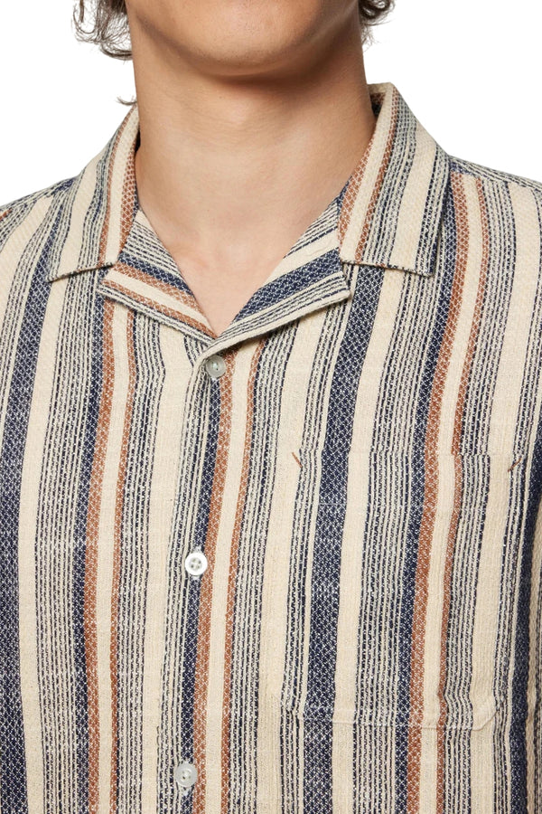 Signal Clothing Tan with Navy/Brown Striped Textured Shirt