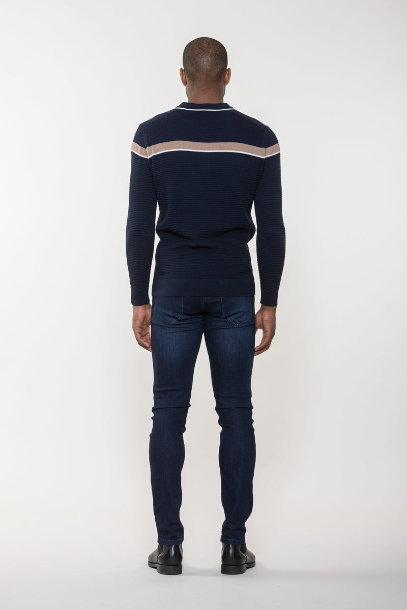 Wholesale,Luchiano Visconti, Luchiano Visconti Navy with Tan Colorblock Waffle Zip Polo, Blue, Small-38-TagSMedium-40-TagMLarge-42-TagLExtra Large-44-TagXLExtra Extra Large-45-TagXXL