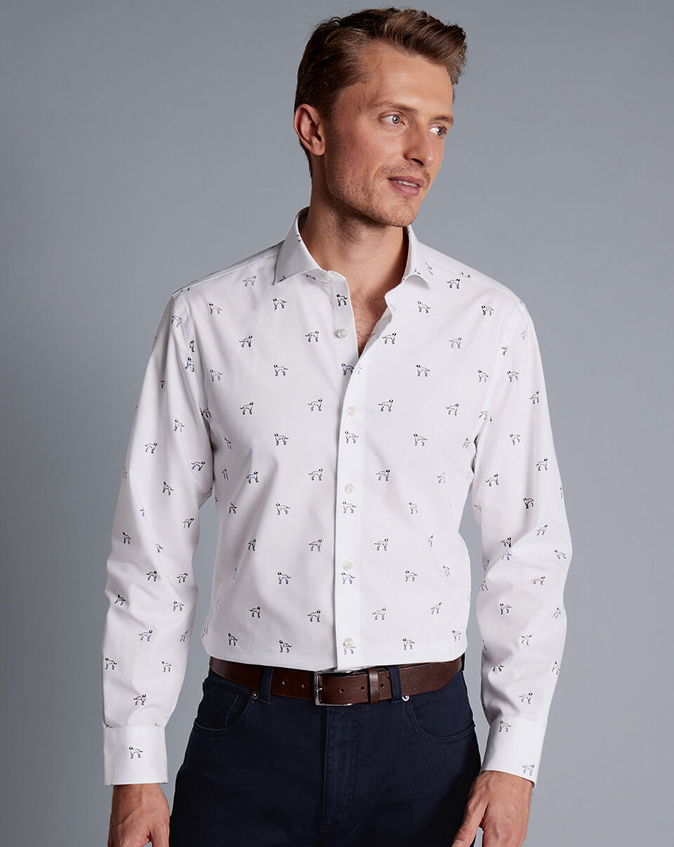 Wholesale,Charles Tyrwhitt, Charles Tyrwhitt White Dalmatian Print Semi-Spread Collar Non-Iron Classic Fit Shirt, White, Extra Extra Large-52-TagXL