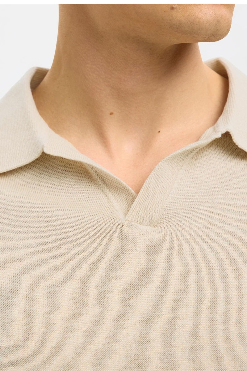 Wholesale,Selected Homme, Selected Homme Oatmeal Knitted Open V Polo, Tan, Large-44-TagLExtra Large-46-TagXLMedium-42-TagMSmall-40-TagS