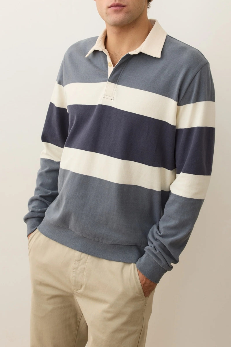 Wholesale,Marine Layer, Marine Layer Blue with Cream Colorblock Suede Rugby Polo, Blue, Small-42-TagSMedium-44-TagMLarge-47-TagLExtra Large-50-TagXL