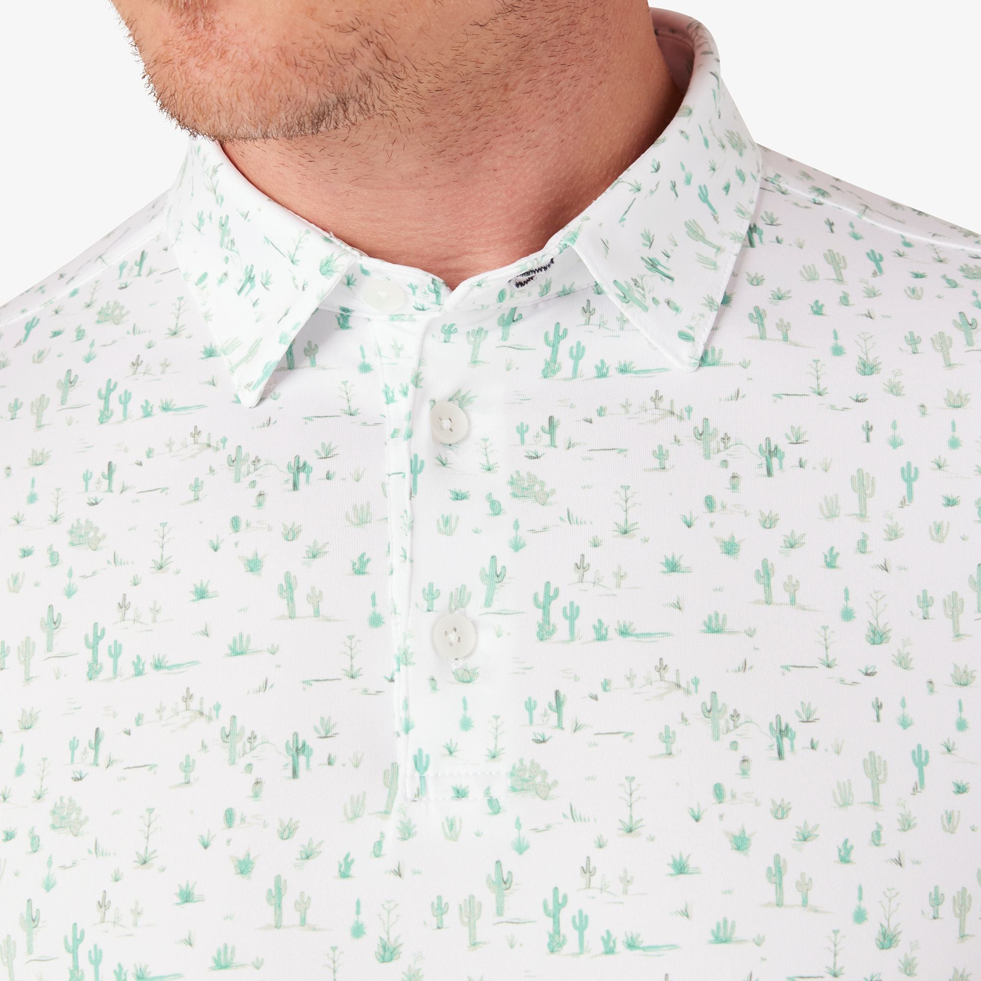 Wholesale,Mizzen + Main, Mizzen + Main White Cacti Print Antimicrobial Tech Trim Fit Polo, White, Small-41-TagSExtra Extra Large-51-TagXXLLarge-45-TagLMedium-42-TagMExtra Large-48-TagXL