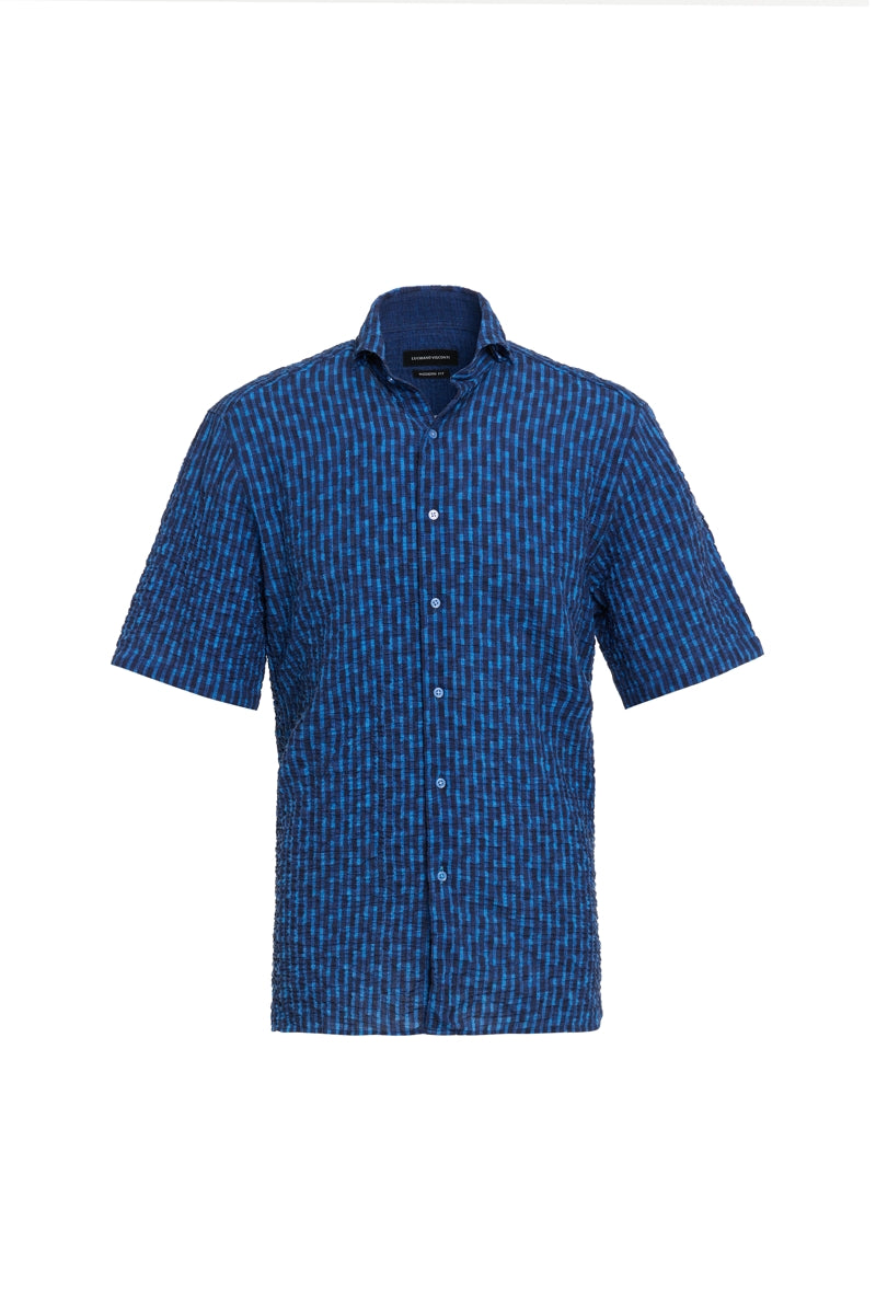 Wholesale,Luchiano Visconti, Luchiano Visconti Blue Stripe Seersucker Stretch Shirt, Blue, Small-40-TagSMedium-43-TagMLarge-46-TagLExtra Large-49-TagXLExtra Extra Large-53-TagXXL