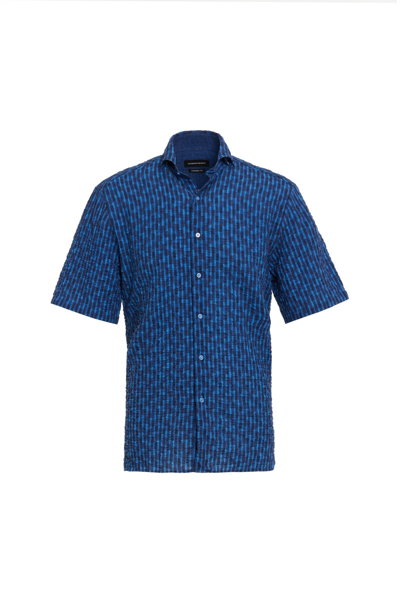Wholesale,Luchiano Visconti, Luchiano Visconti Blue Stripe Seersucker Stretch Shirt, Blue, Small-40-TagSMedium-43-TagMLarge-46-TagLExtra Large-49-TagXLExtra Extra Large-53-TagXXL