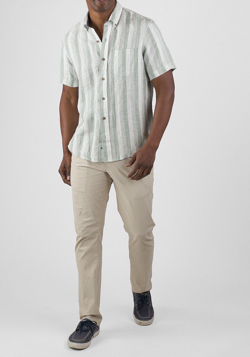 Brand Partner,Tailor Vintage, Tailor Vintage Green/White Stripe Puretec Cool Cotton/Linen Blend Shirt, Green, Medium-44-TagM