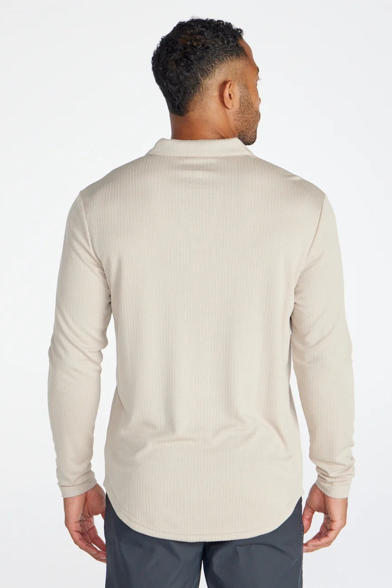 Wholesale,BYLT, BYLT Latte Ribbed Drop-cut Open V Long Sleeve Polo, Tan, Small-40-TagS