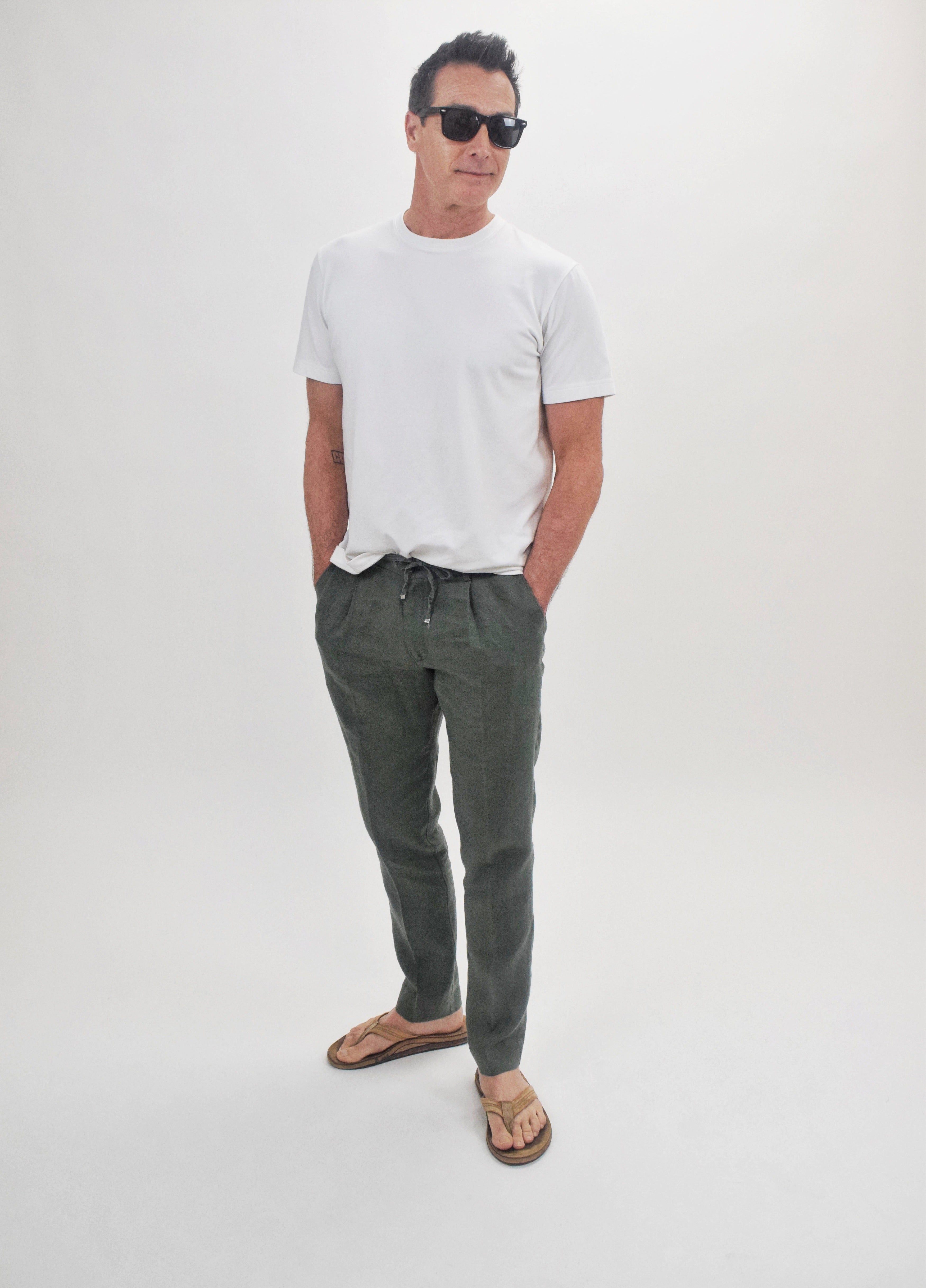 Wholesale,Suit Sartoria, Suit Sartoria Olive Green Linen Blend Slim Fit Drawstring Pleated Pants, Green, 34W-32L-Tag46