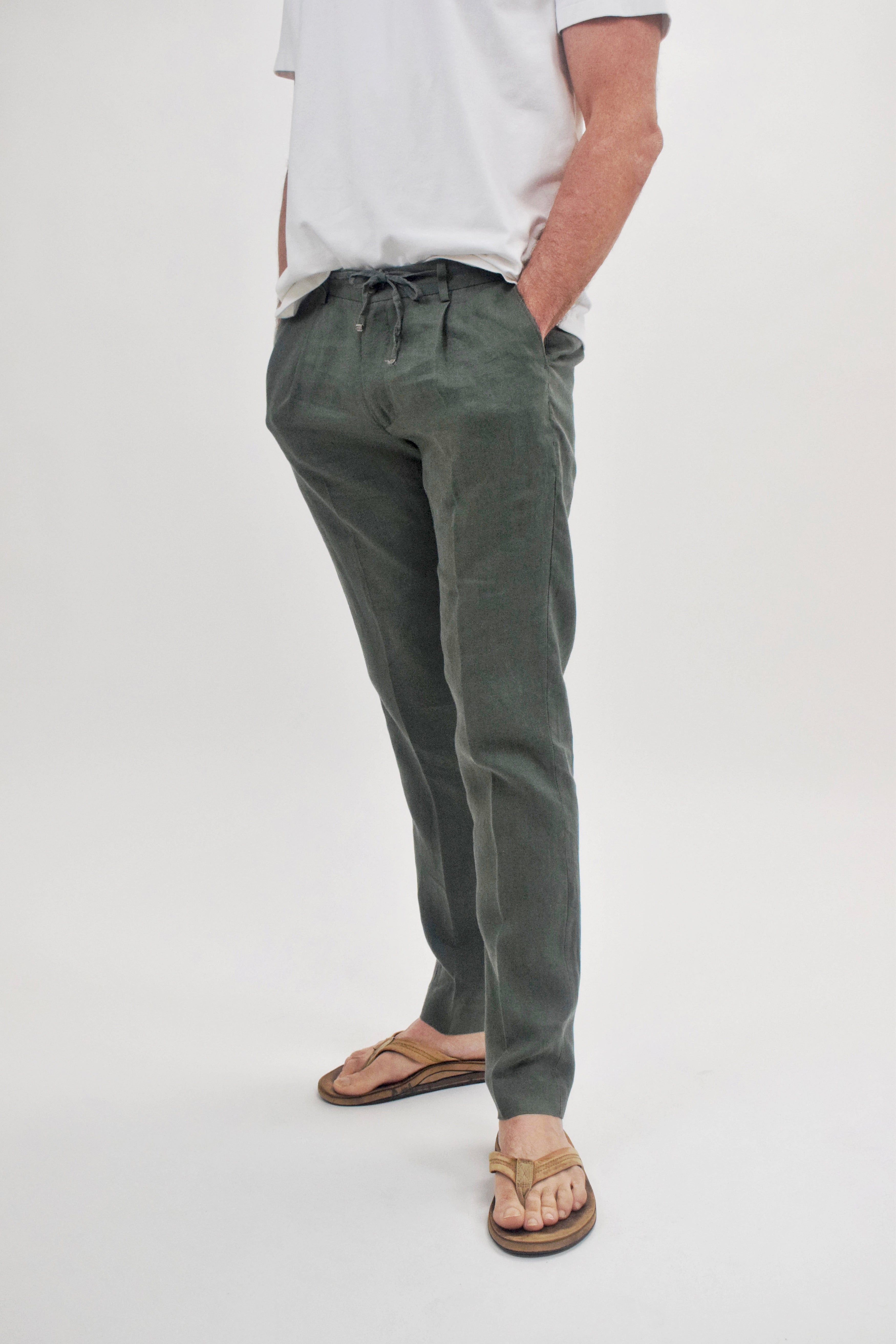 Wholesale,Suit Sartoria, Suit Sartoria Olive Green Linen Blend Slim Fit Drawstring Pleated Pants, Green, 34W-32L-Tag46