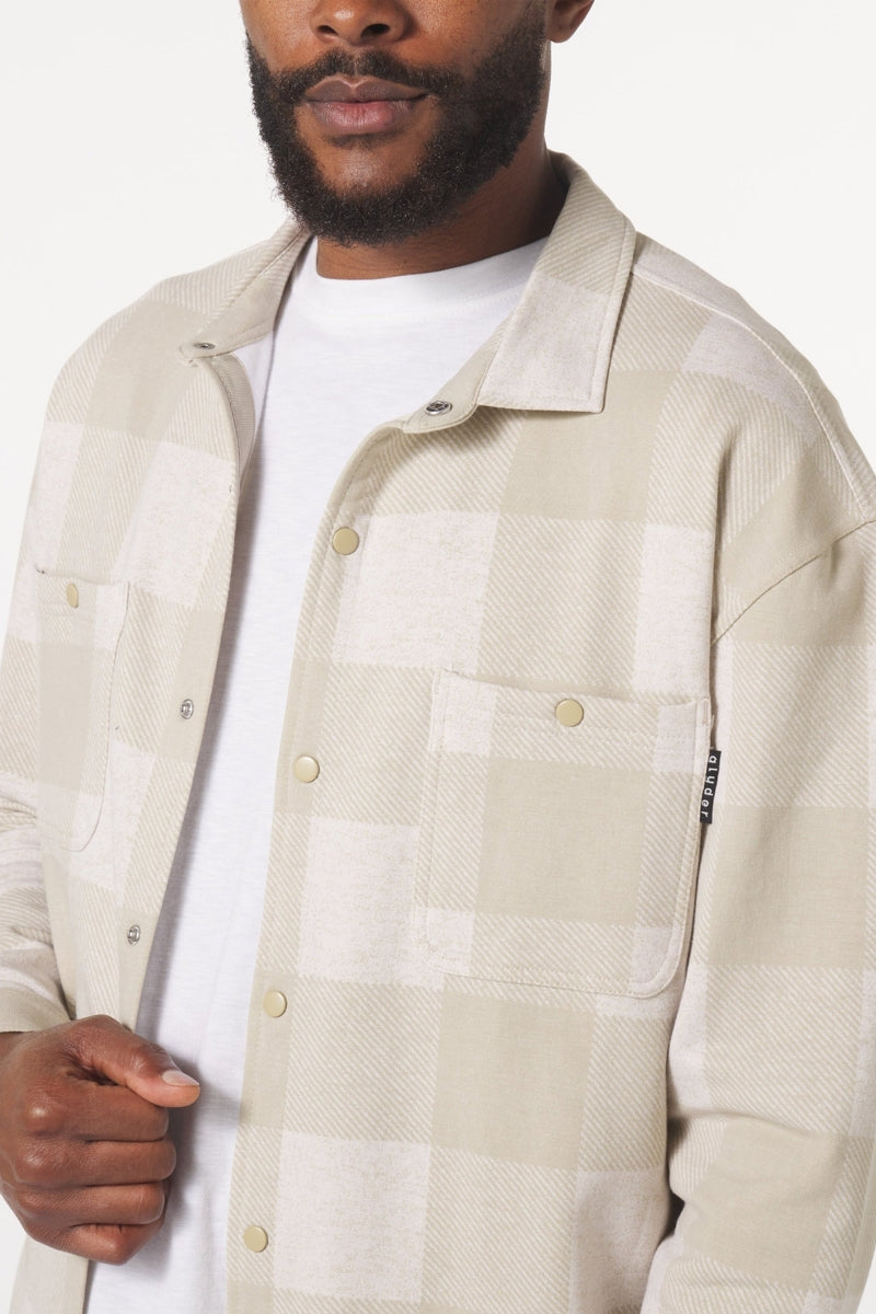 Wholesale,Glyder, Glyder Oatmilk Buffalo Plaid Snap Front Overshirt, Tan, Large-48-TagLExtra Large-50-TagXLExtra Extra Large-54-TagXXLSmall-42-TagSMedium-45-TagM