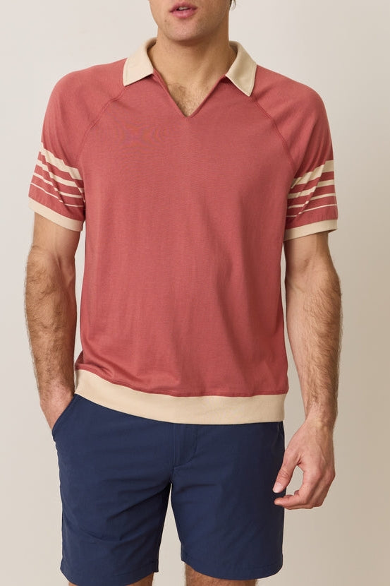 Wholesale,Marine Layer, Marine Layer Brick with Tan Contrast Varsity Rib Polo, Red, Small-40-TagSMedium-42-TagMLarge-45-TagLExtra Large-48-TagXLExtra Extra Large-50-TagXXL