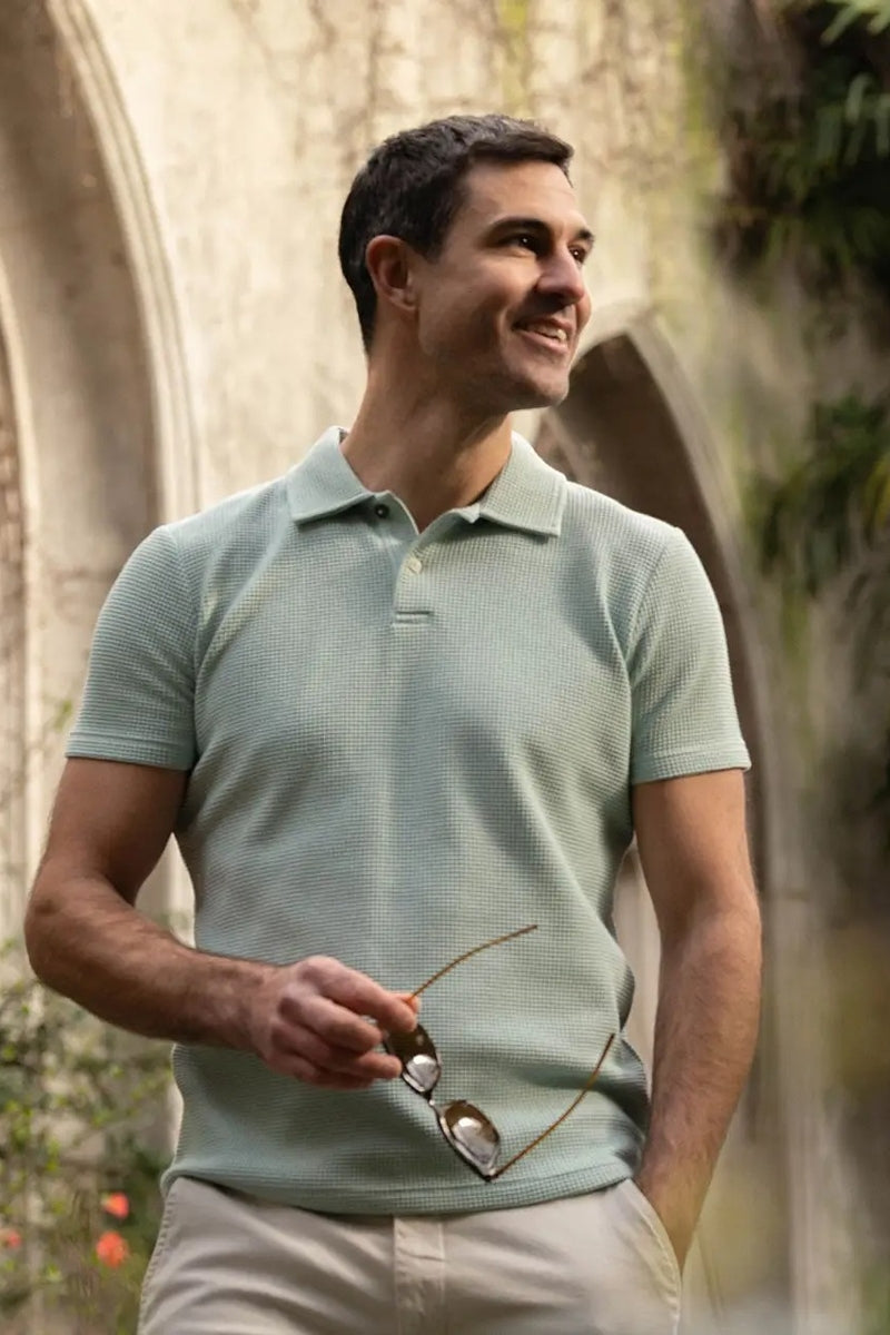 Faire,Guide London, Guide London Sage Green Waffle Textured Polo, Green, Extra Extra Large-50-TagXXL