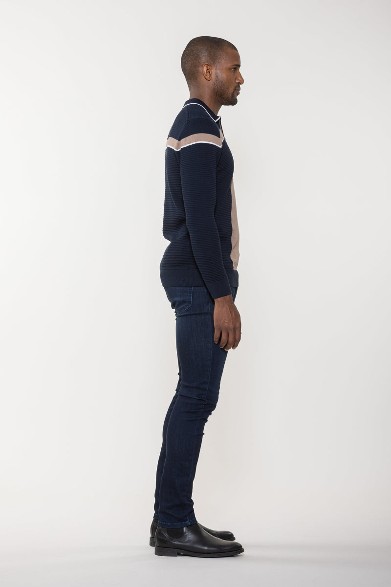 Wholesale,Luchiano Visconti, Luchiano Visconti Navy with Tan Colorblock Waffle Zip Polo, Blue, Small-38-TagSMedium-40-TagMLarge-42-TagLExtra Large-44-TagXLExtra Extra Large-45-TagXXL