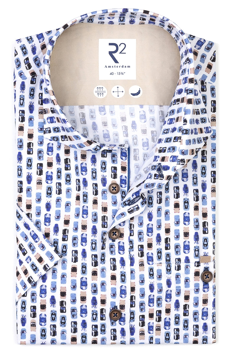 Direct From Brand,R2 Amsterdam, R2 Amsterdam Multicolor Car Print Short Sleeve Button Up Shirt, White, Medium-42-Tag39Medium-43-Tag40Medium-44-Tag41Extra Large-48-Tag43Large-46-Tag42