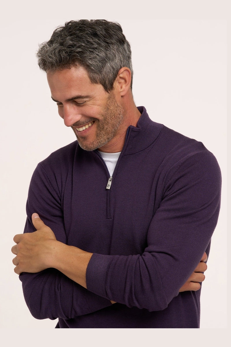 Direct From Brand,R2 Amsterdam, R2 Amsterdam Purple 100% Merino Wool Zip Pullover, Purple, Medium-41-TagMLarge-43-TagLExtra Large-45-TagXLExtra Extra Large-47-TagXXL