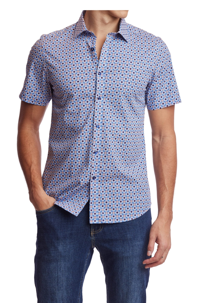 Wholesale,Paisley & Gray, Paisley & Gray Blue/Orange Geo Print Short Sleeve Shirt, Blue, Small-38-TagSSmall-40-TagMMedium-43-TagLLarge-46-TagXLExtra Large-49-TagXXL