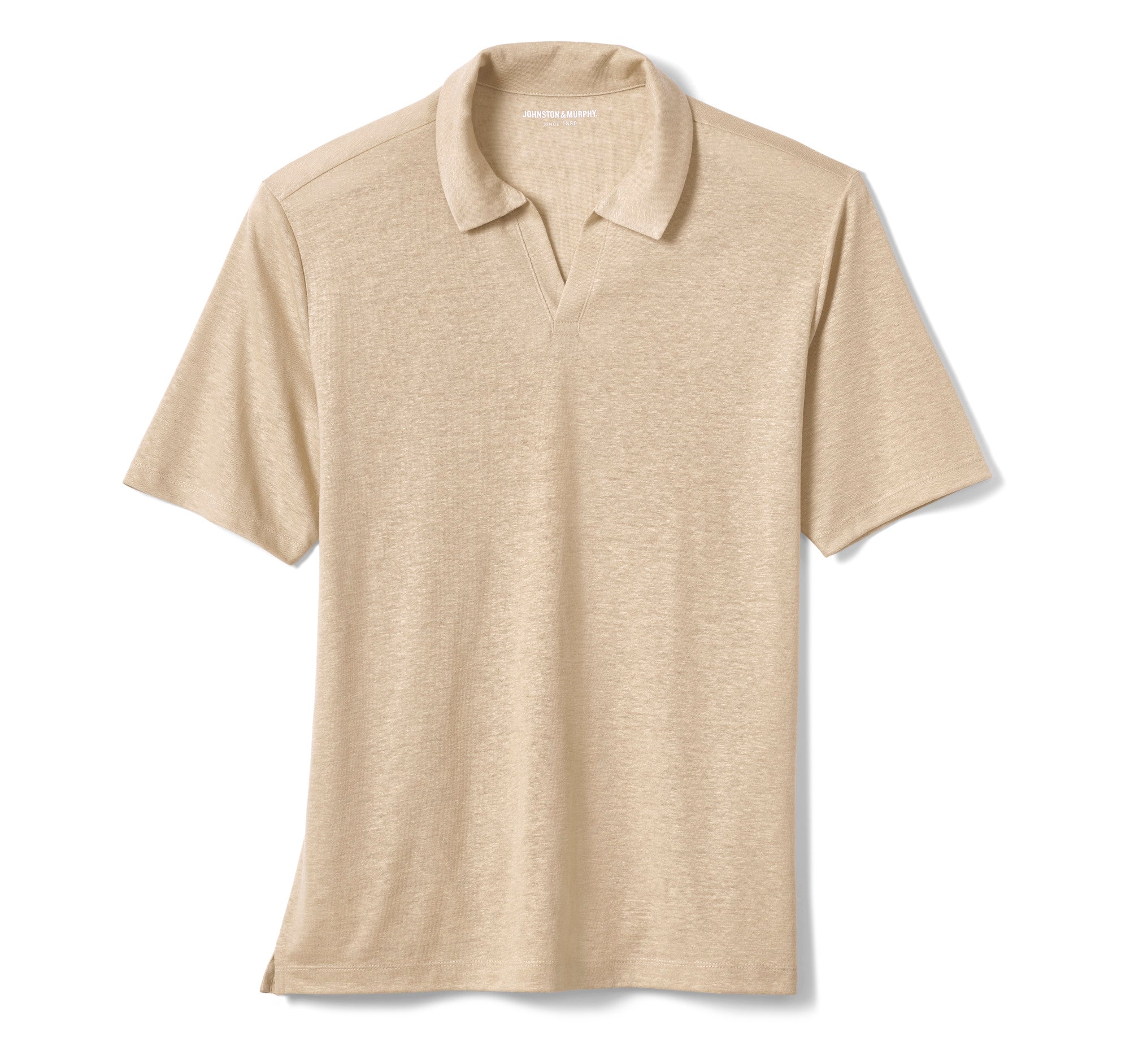 Wholesale,Johnston & Murphy, Johnston & Murphy Sand Open V-Neck Linen/Recycled Poly Blend Short Sleeve Polo, Tan, Small-39-TagS