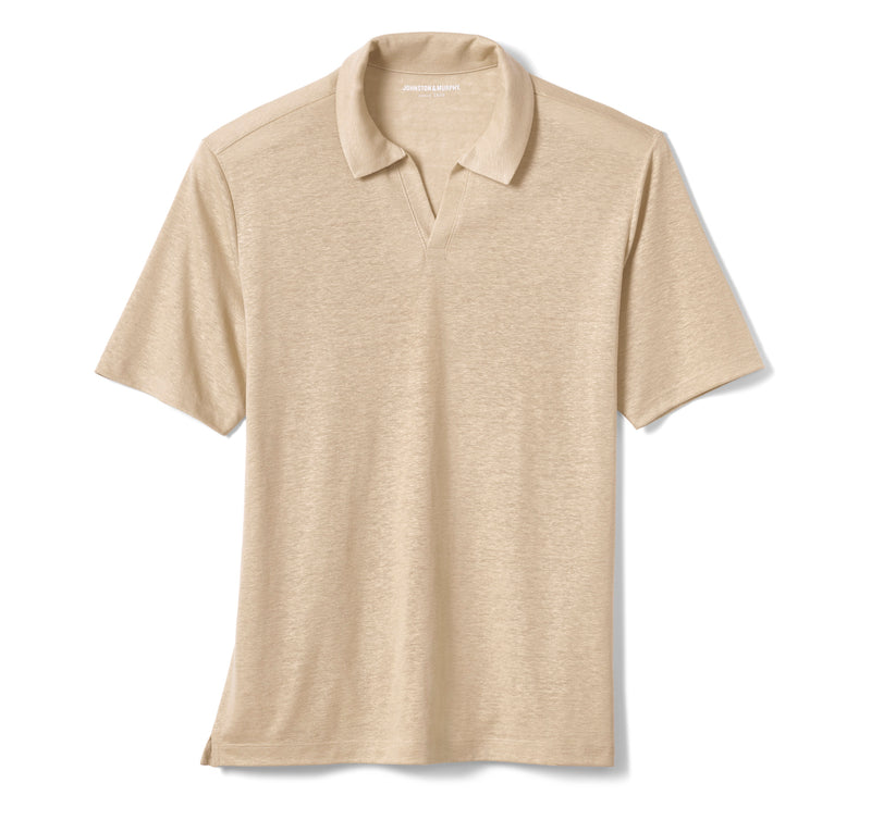 Johnston & Murphy Sand Open V-Neck Linen/Recycled Poly Blend Short Sleeve Polo