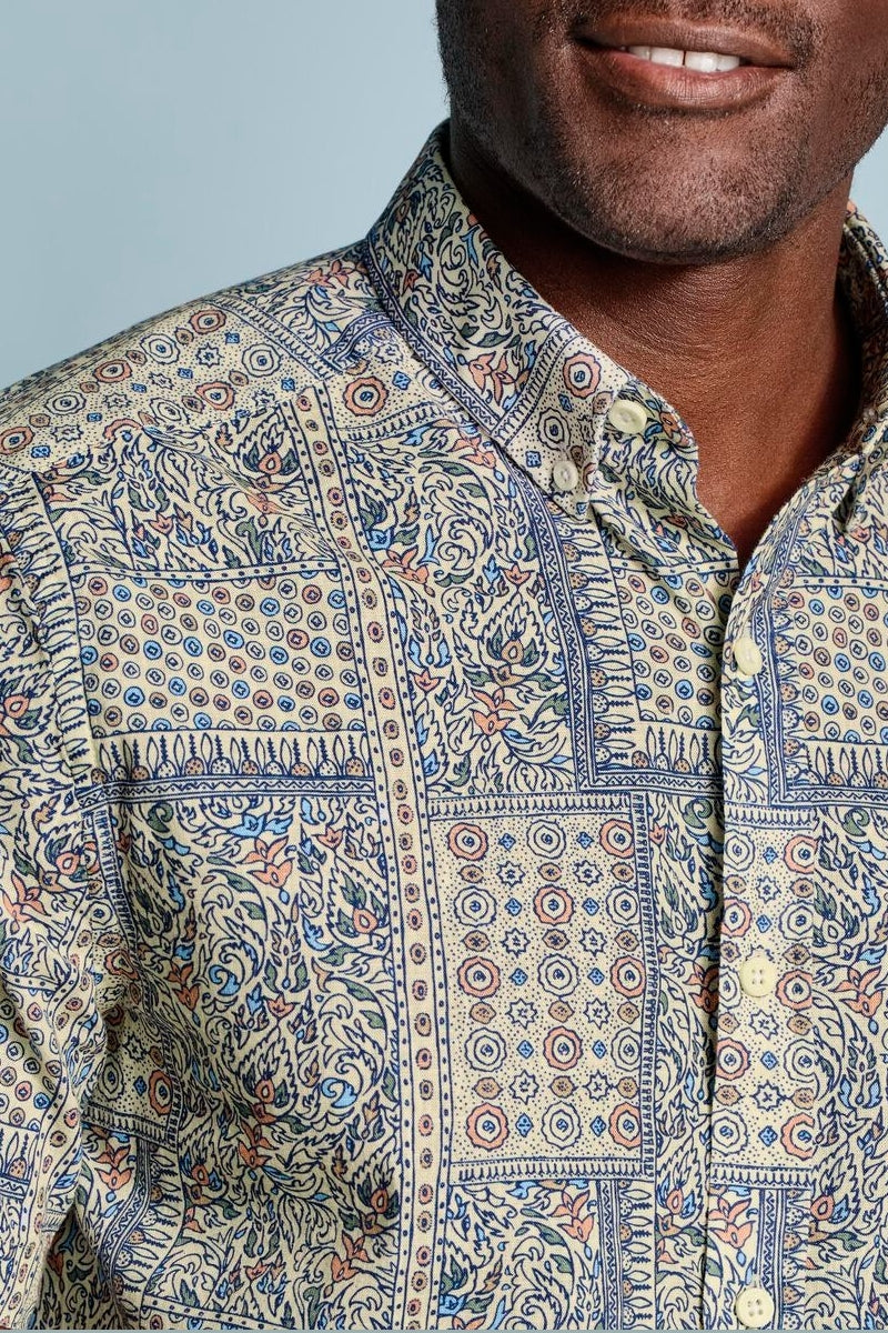 Wholesale,Johnston & Murphy, Johnston & Murphy Blue/Tan Multi Patchwork Bandana Printed Shirt, Blue, Large-48-TagL