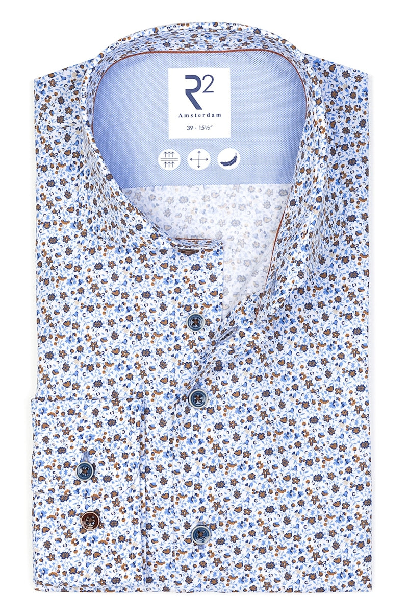 Direct From Brand,R2 Amsterdam, R2 Amsterdam Blue Floral Print Dress Shirt, Blue, Extra Large-49-Tag44