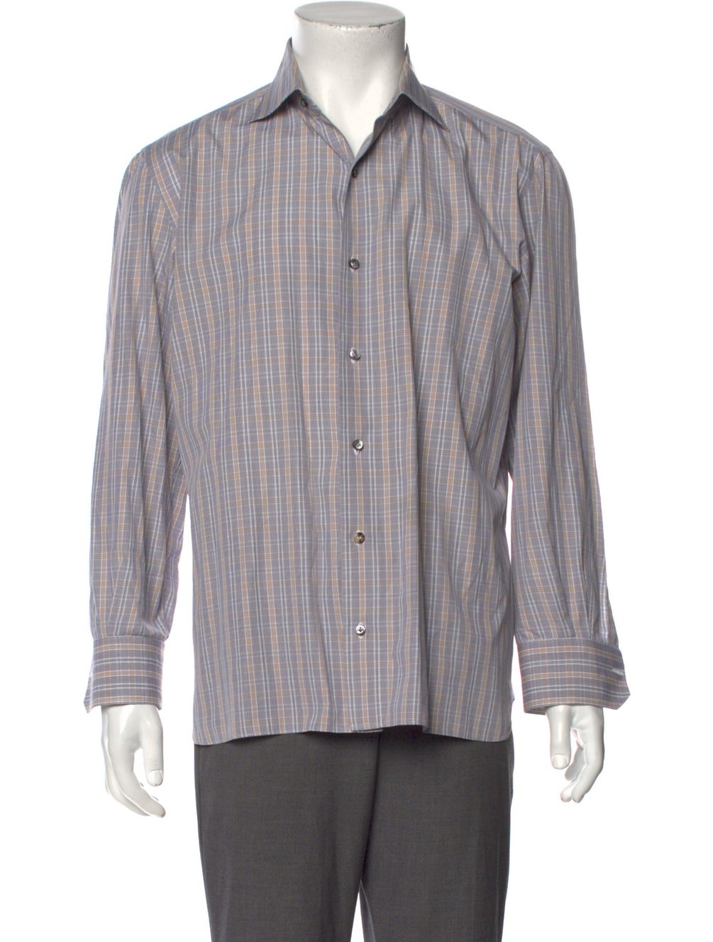 RealReal,Isaia, Isaia Grey/Tan Plaid Print Long Sleeve Dress Shirt, Grey, Large-47-TagL