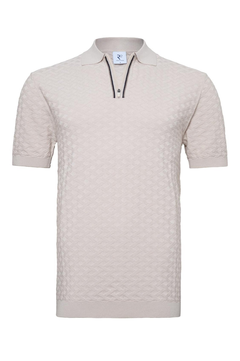Direct From Brand,R2 Amsterdam, R2 Amsterdam Beige Zipper Closure Textured Polo, Cream, Medium-40-TagM