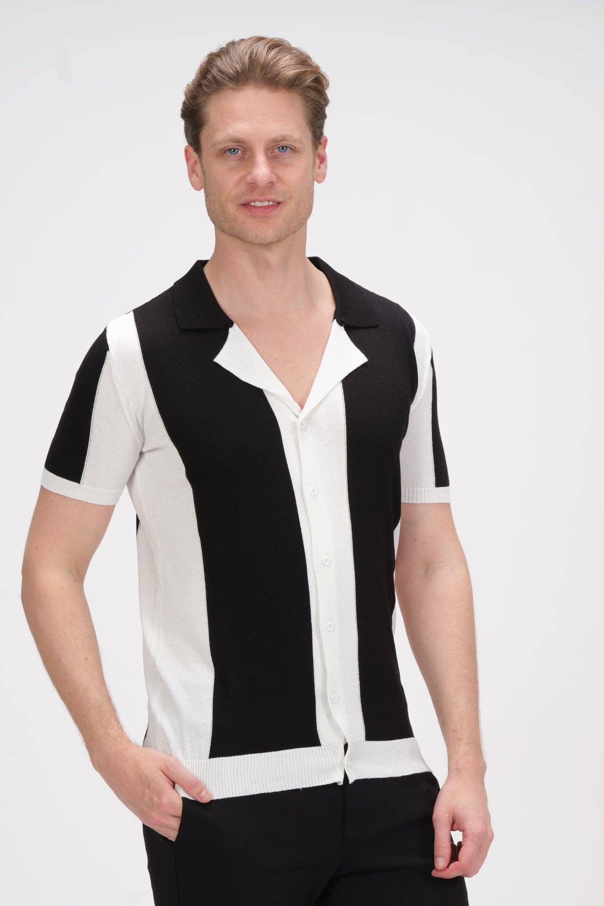 Faire,Ron Tomson, RNT 23 Black and White Striped Camp Collar Knit Short Sleeve Button Up, Black, Large-41-TagL