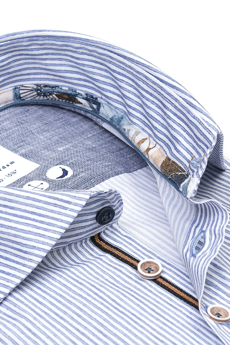 Direct From Brand,R2 Amsterdam, R2 Amsterdam Blue/White Stripped Stretch Short Sleeve Button Up Shirt, Blue, Medium-42-Tag40