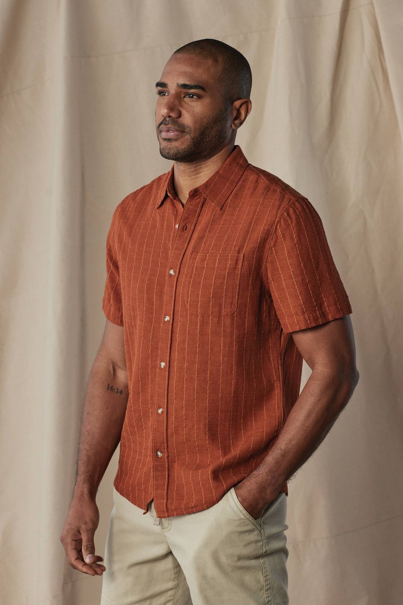 Wholesale,The Normal Brand, The Normal Brand Dark Ginger Stripe Freshwater Short Sleeve Button Up Shirt, Brown, Medium-44-TagMLarge-46-TagLExtra Large-49-TagXLExtra Extra Large-54-TagXXLSmall-41-TagS