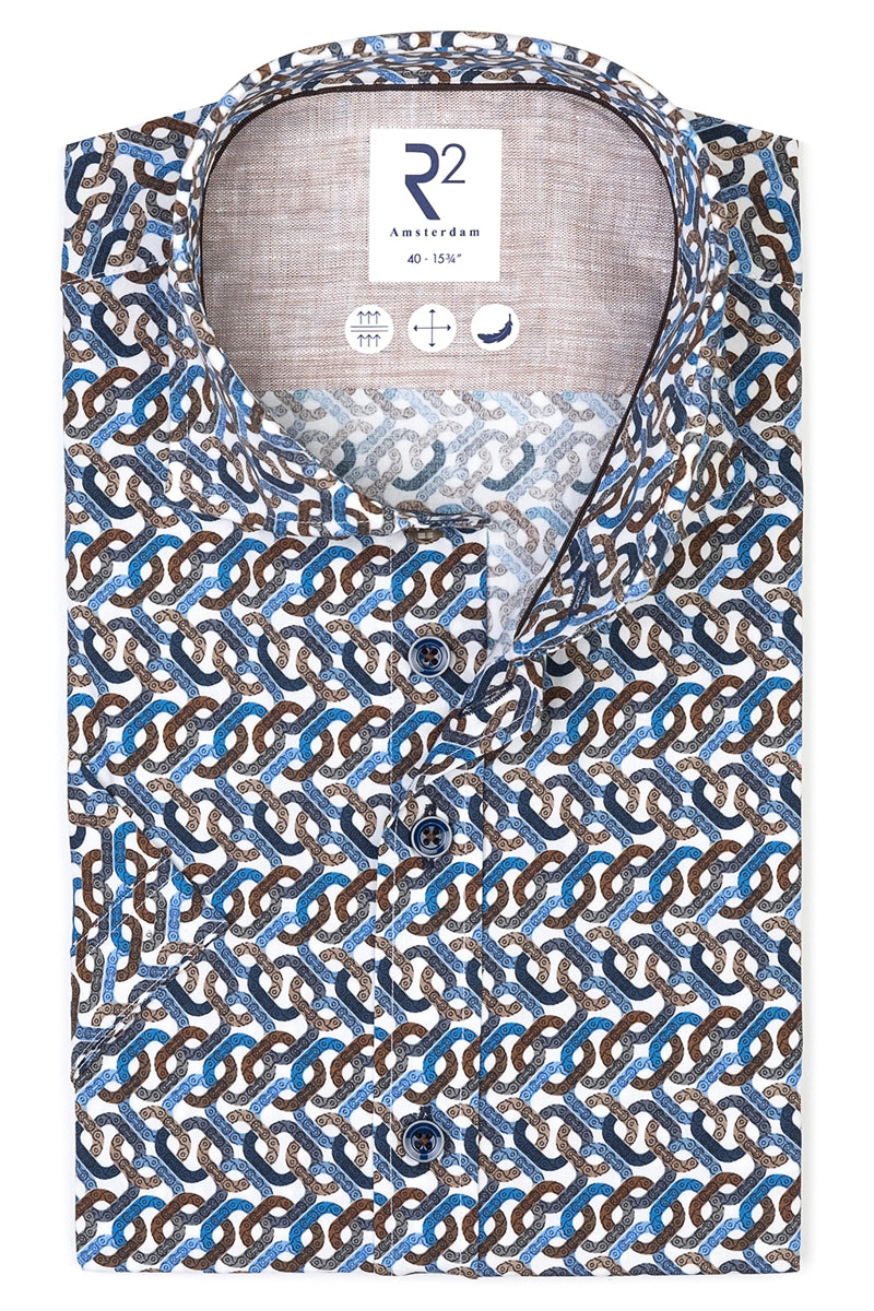 Direct From Brand,R2 Amsterdam, R2 Amsterdam Blue/Brown Chain Print Short Sleeve Button Up Shirt, Blue, Medium-43-Tag40Large-45-Tag41