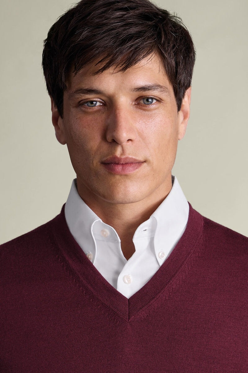 Wholesale,Charles Tyrwhitt, Charles Tyrwhitt Burgundy Pure Merino Wool V-Neck Sweater, Red, Extra Large-48-TagXL