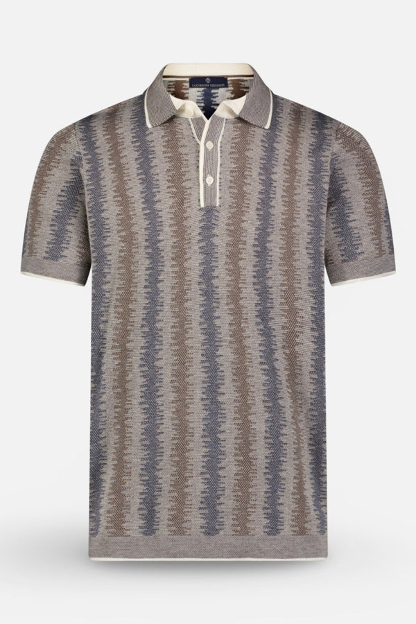 Luchiano Visconti Brown/Navy Ikat Stripe Textured Knit Polo