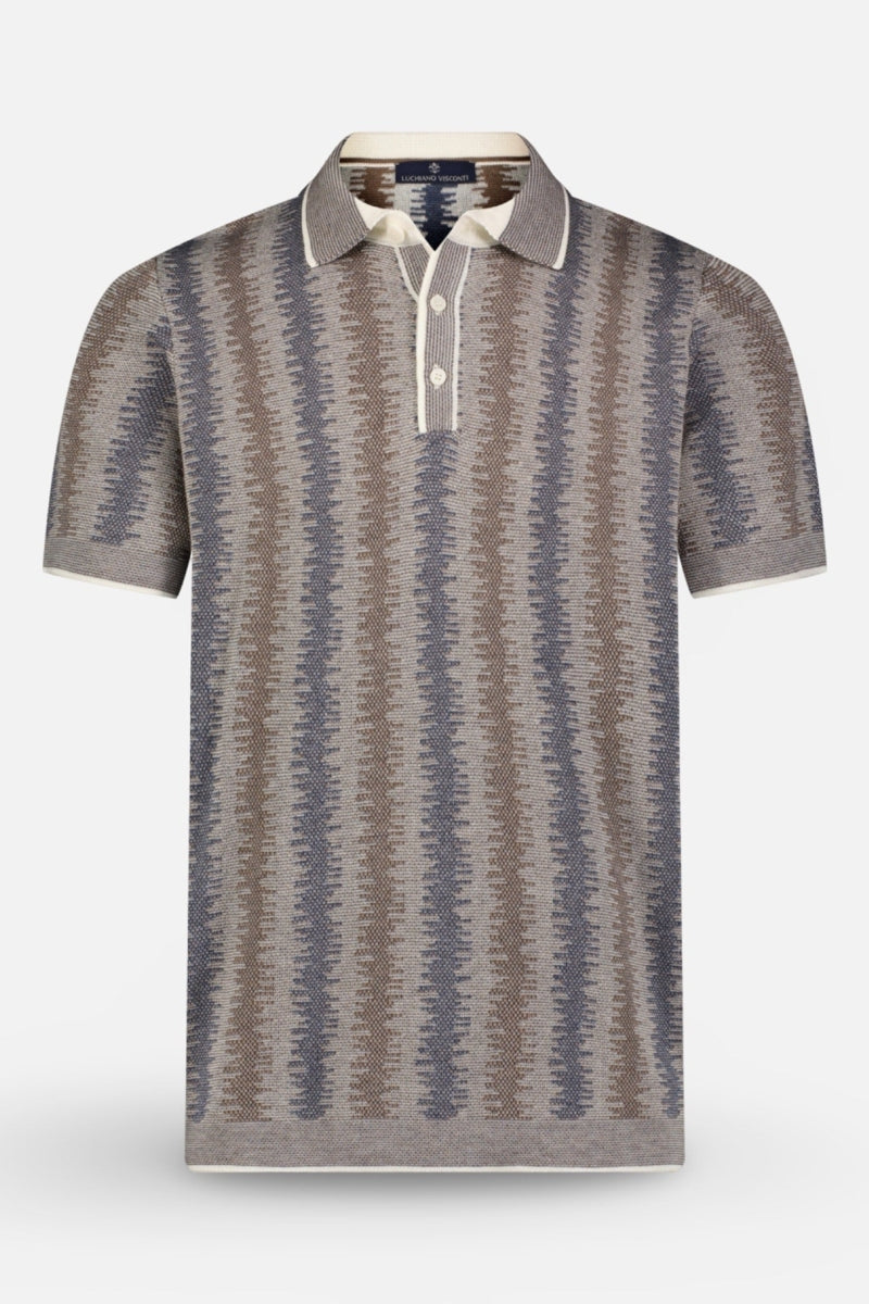 Wholesale,Luchiano Visconti, Luchiano Visconti Brown/Navy Ikat Stripe Textured Knit Polo, Brown, Extra Large-46-TagXL