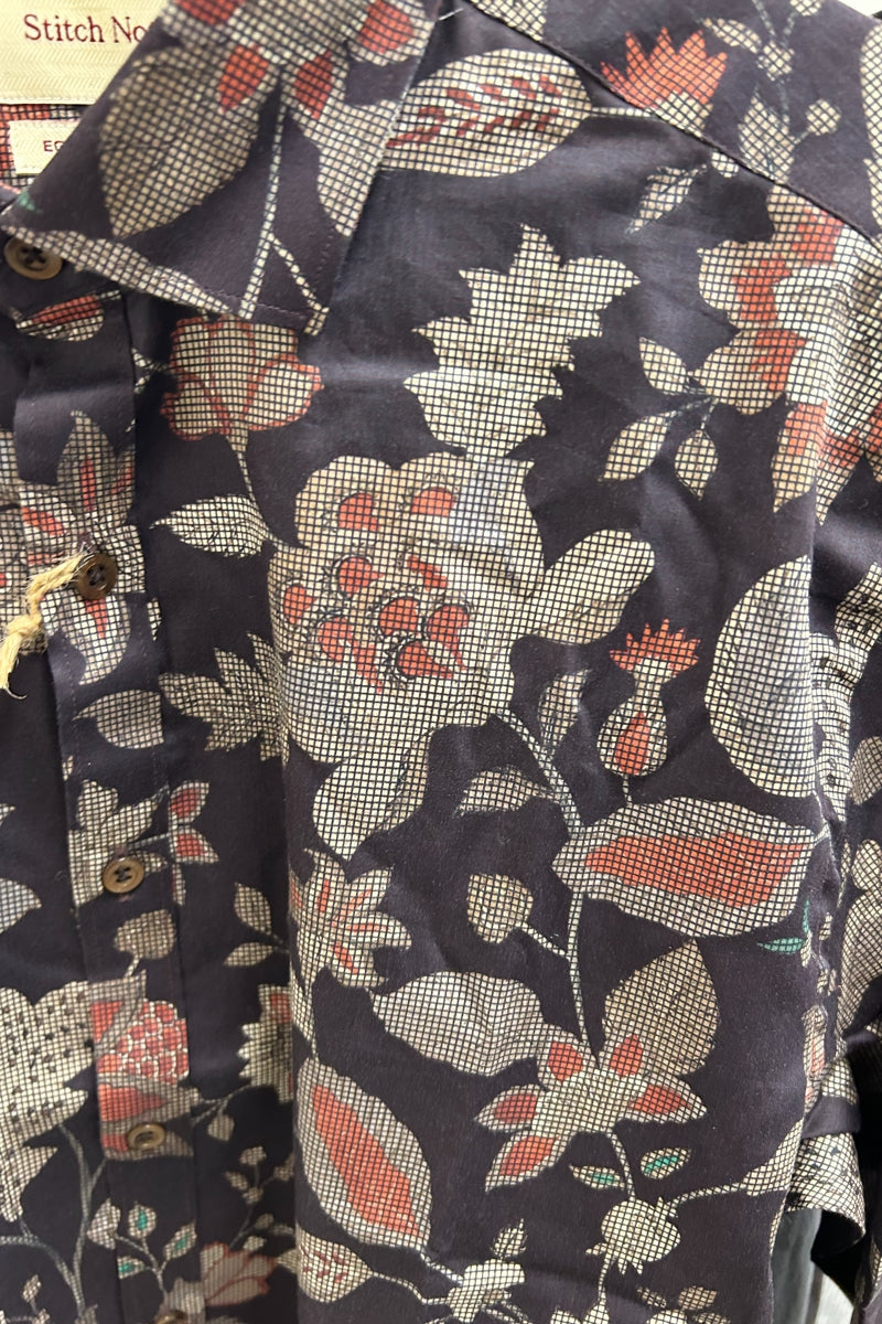 Direct From Brand,Stitch Note, Stitch Note Brown 100% Egyptian Cotton Checkered Floral Print Button Up Shirt, Brown, Large-46-TagL