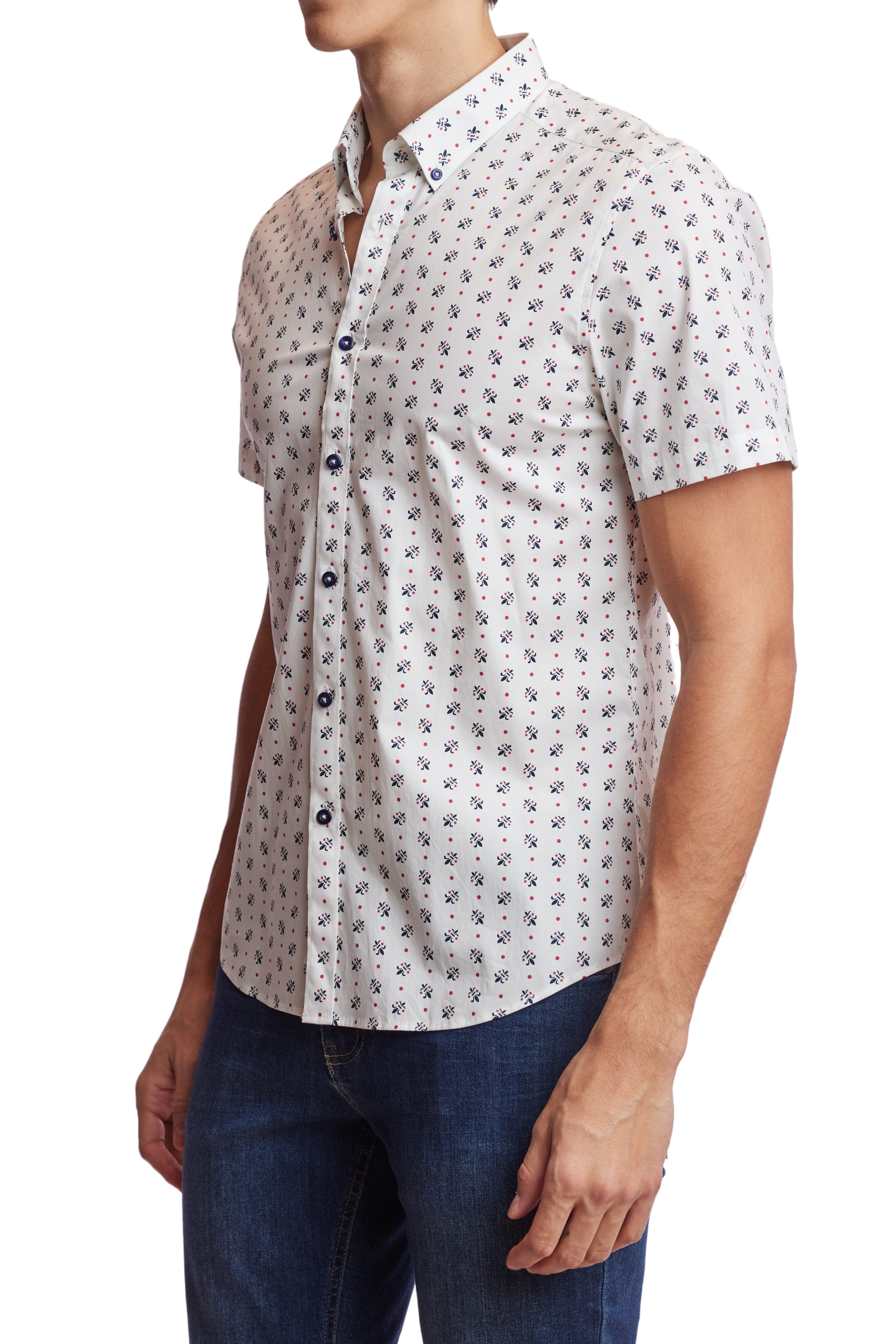 Wholesale,Paisley & Gray, Paisley & Gray White Fleur De Lis Print Short Sleeve Shirt, White, Small-38-TagSSmall-39-TagMSmall-40-TagMMedium-43-TagLExtra Large-49-TagXXLLarge-46-TagXL