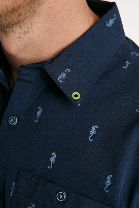 Faire,William Murray Golf, William Murray Golf Navy Seahorse Print Short Sleeve Shirt, Blue, Medium-44-TagMLarge-46-TagLExtra Large-49-TagXLExtra Extra Large-51-TagXXLSmall-42-TagS